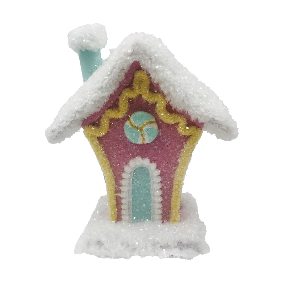 CANDY HOUSE 7X9" PINK/MULTI W/ SNOW-COVERED ROOF, RAINBOW SPRINKLES & GLITTER
