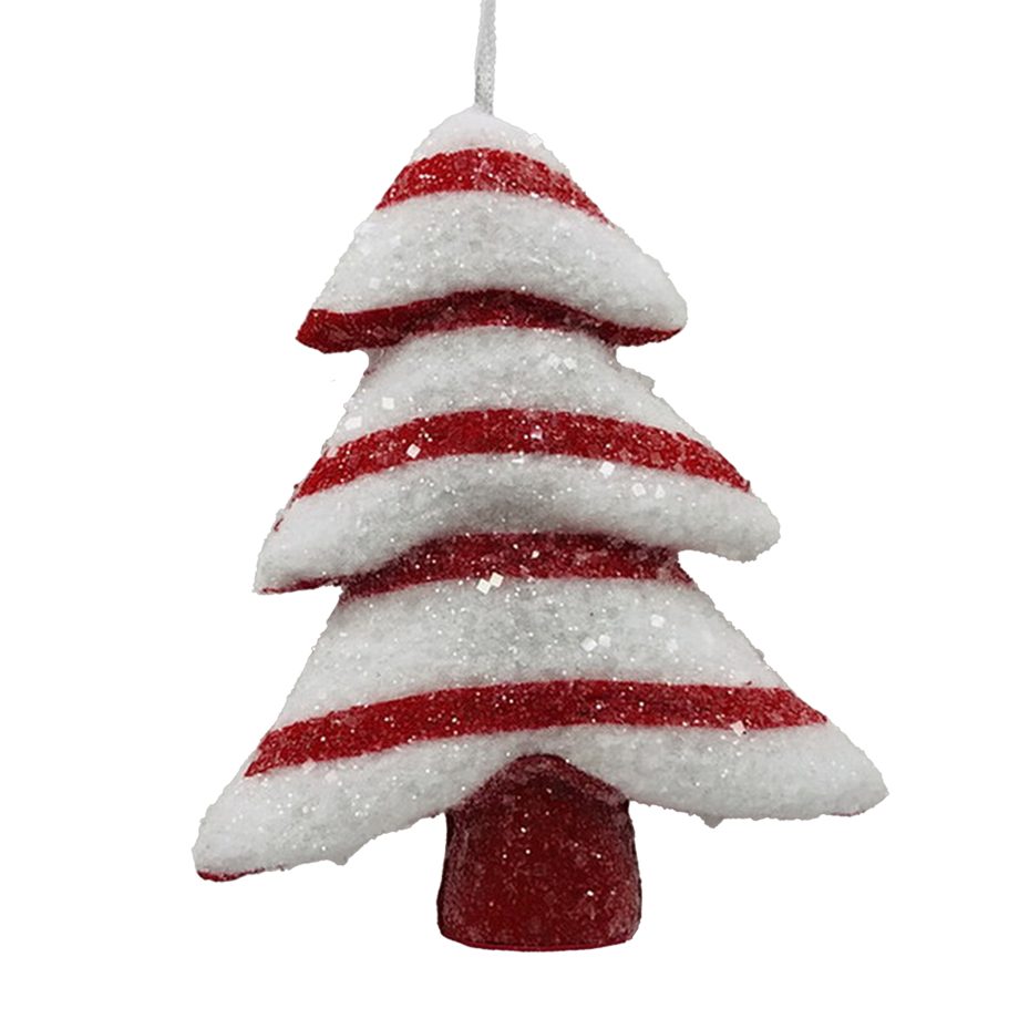 ORN CANDY CANE TREE 5.5" RED/WHITE HORIZONTAL STRIPES W/ GLITTER