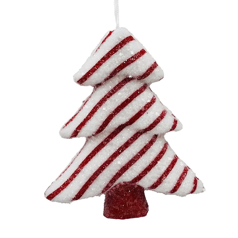 ORN CANDY CANE TREE 5.5" RED/WHITE DIAGONAL STRIPES W/ GLITTER