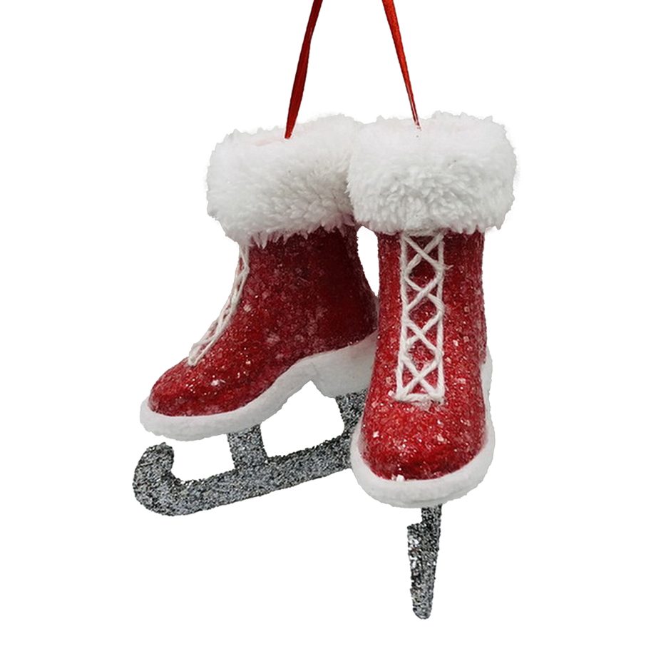 ORN CANDY ICE SKATES 2" RED/WHITE W/ FUR TRIM CUFF & GLITTER