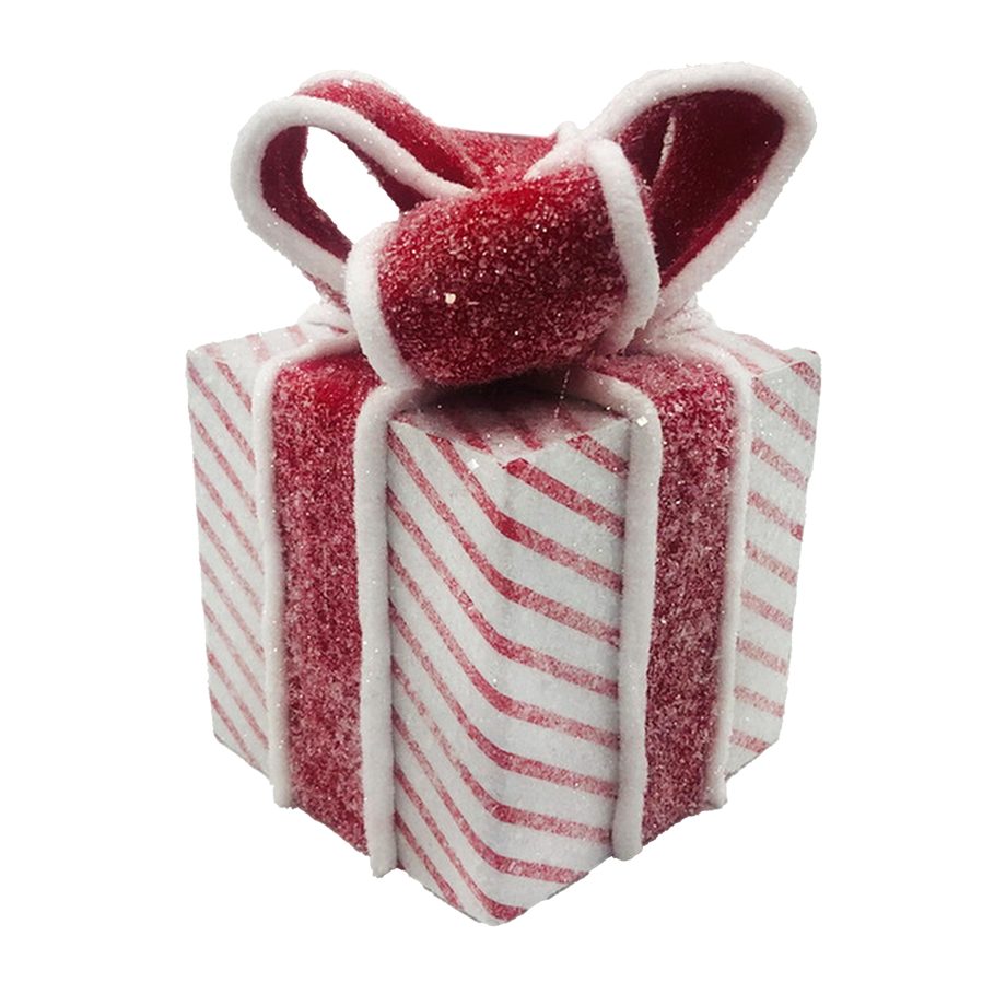 CANDY CANE GIFT BOX 5X8" RED/WHITE W/ DIAGONAL WRAP, FUR TRIM BOW & GLITTER