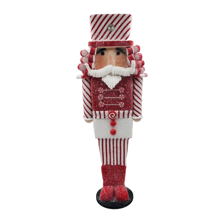 CANDY CANE NUTCRACKER 23" RED/WHITE STANDING W/ CURL HAIR & STRIPES TOP HAT