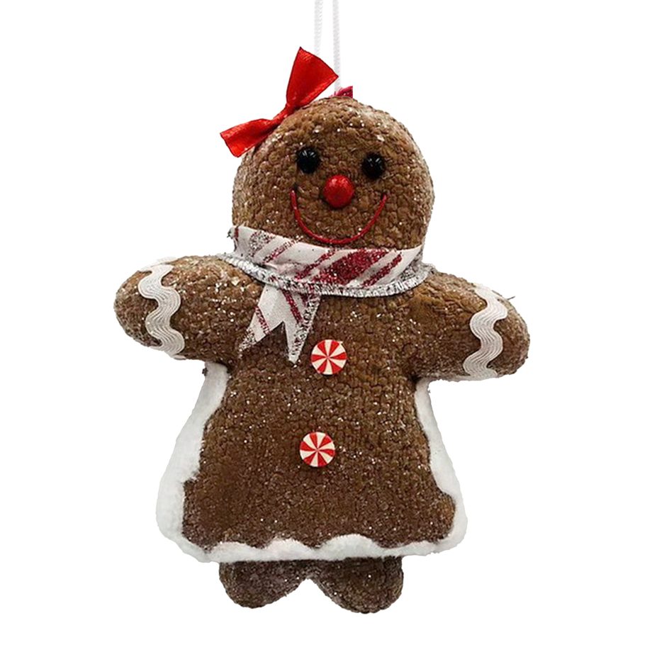 ORN GINGERBREAD GIRL 6" BROWN/WHITE W/ STRIPES SCARF W/ GLITTER