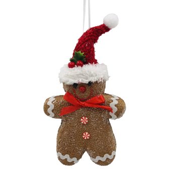 ORN GINGERBREAD BOY 6" BROWN/WHITE W/ SANTA HAT & BOW-TIE W/ GLITTER