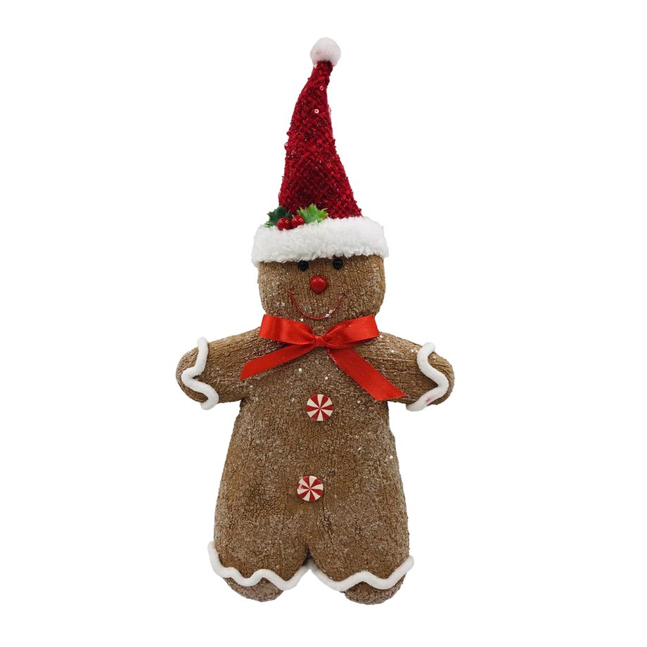 GINGERBREAD GIRL HANGING 16" BROWN/WHITE W/ SANTA HAT & BOW-TIE W/ GLITTER