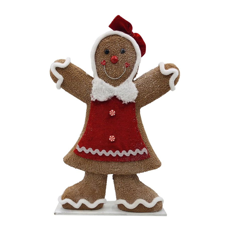 GINGERBREAD GIRL STANDING 13" BROWN/WHITE W/ DRESS & BOW-TIE W/ GLITTER