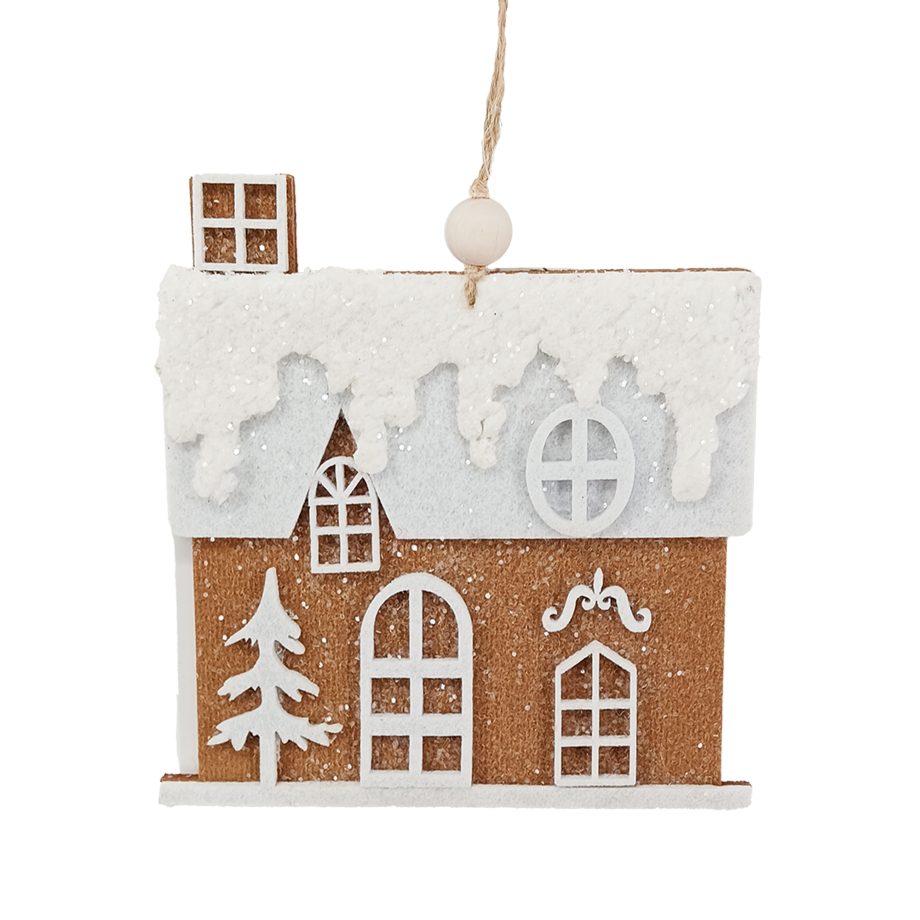 ORN HOUSE GINGERBREAD FELT BROWN/WHITE 6" W/ SNOW-COVERED ROOF GLITTER