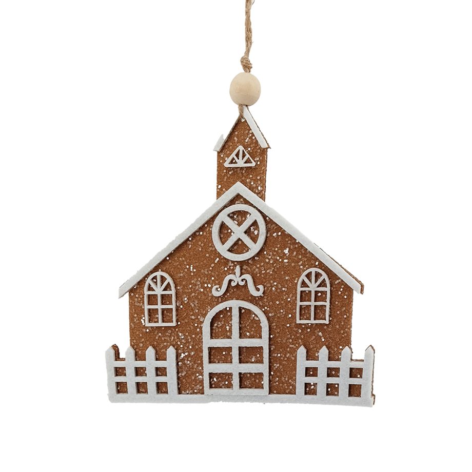 ORN CHURCH GINGERBREAD FELT BROWN/WHITE 6" W/ GLITTER
