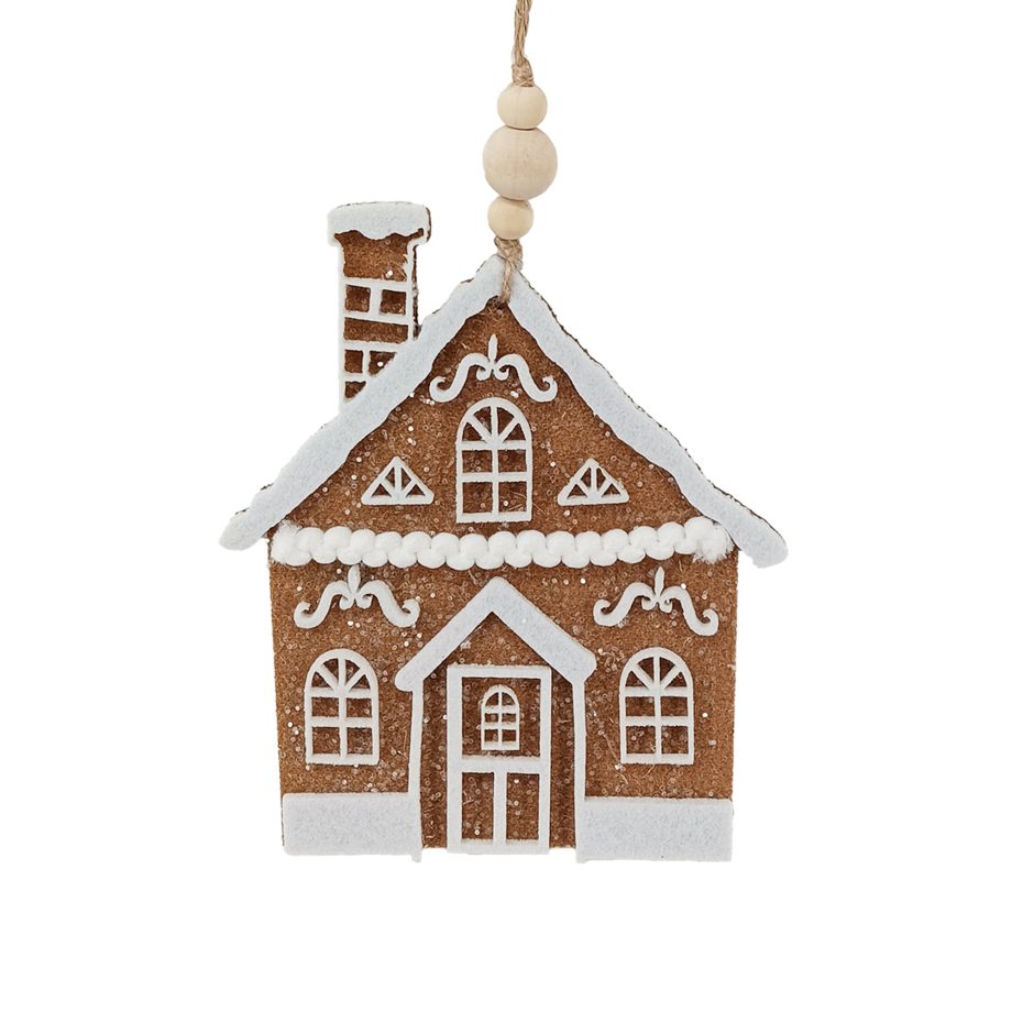 ORN HOUSE GINGERBREAD BROWN/WHITE 5" FELT W/ CHIMNEY GLITTER