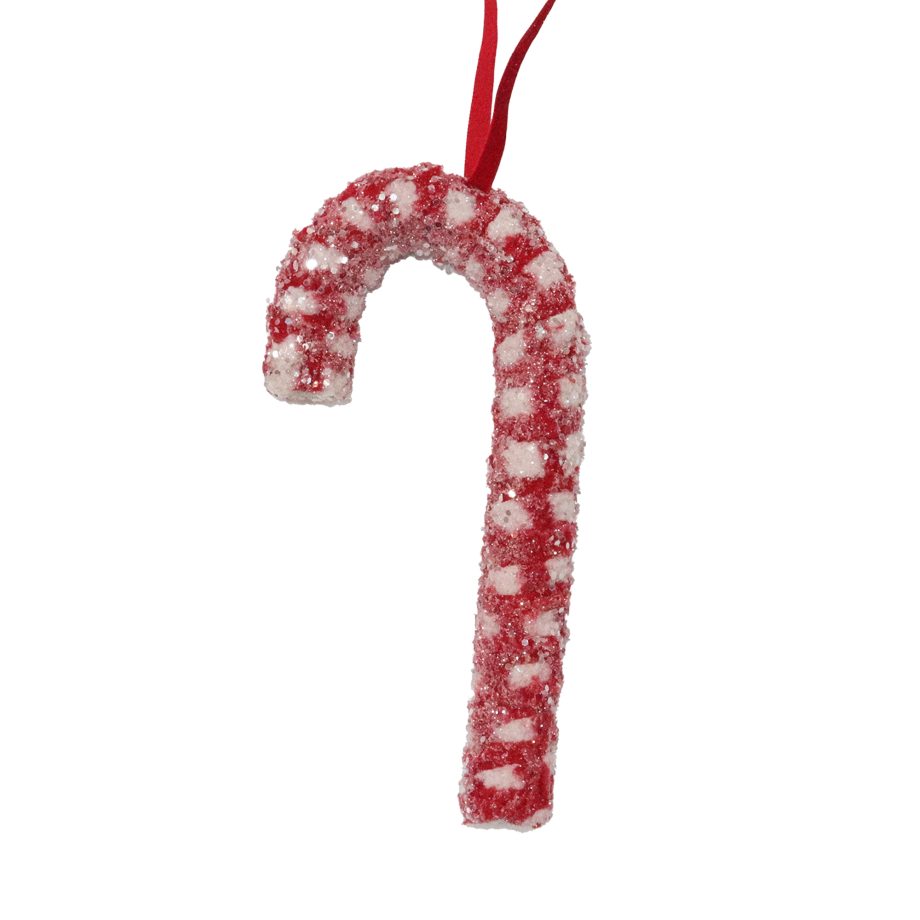CANDY CANE HANGING  RED/WHITE 11" FROSTED CHECKERED BOUCLE FUR W/ GLITTER