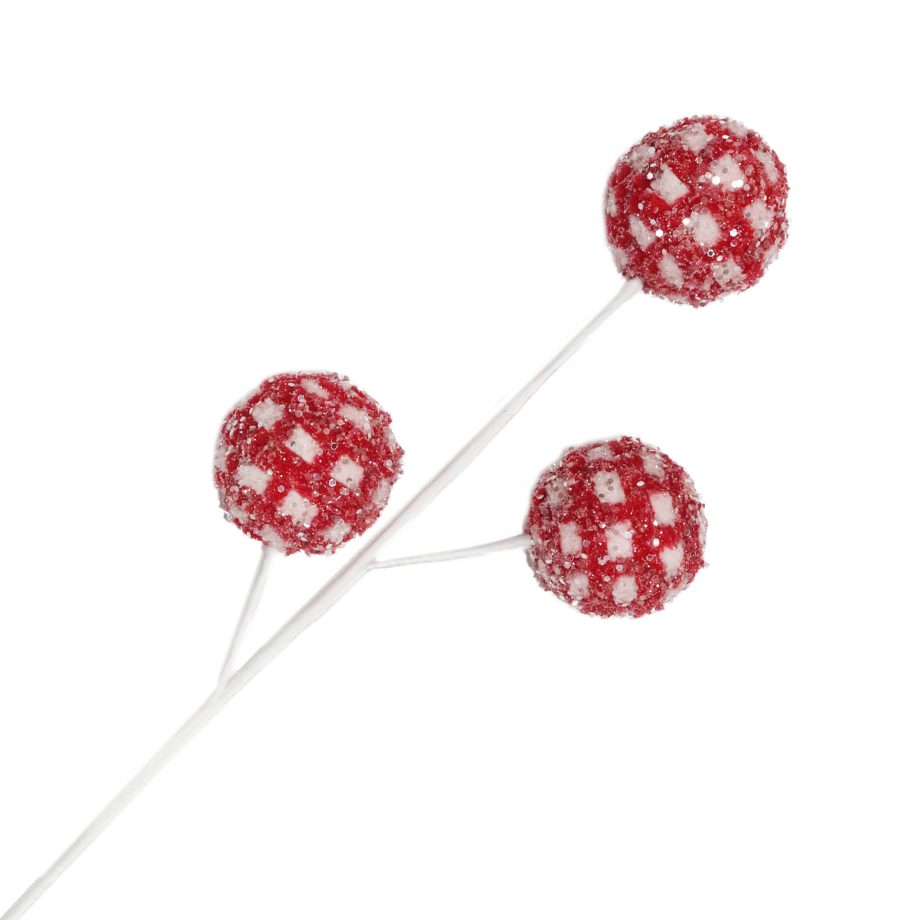 SPRAY BALL 3-PC CANDY CANE RED/WHITE 25.5" CHECKERED FROSTED BOUCLE FUR W/ GLITTER