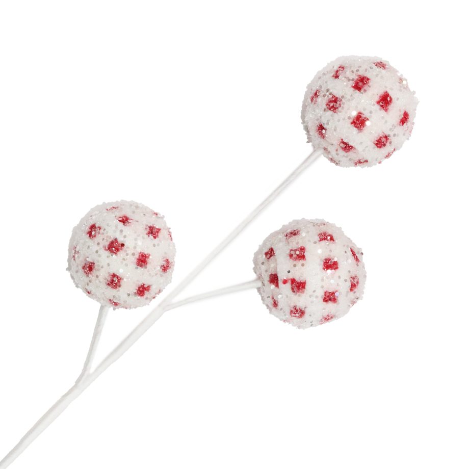 SPRAY CANDY CANE BALL 3-PC BOUCLE FUR WHITE/RED 25.5" CHECKERED FROSTED W/ GLITTER
