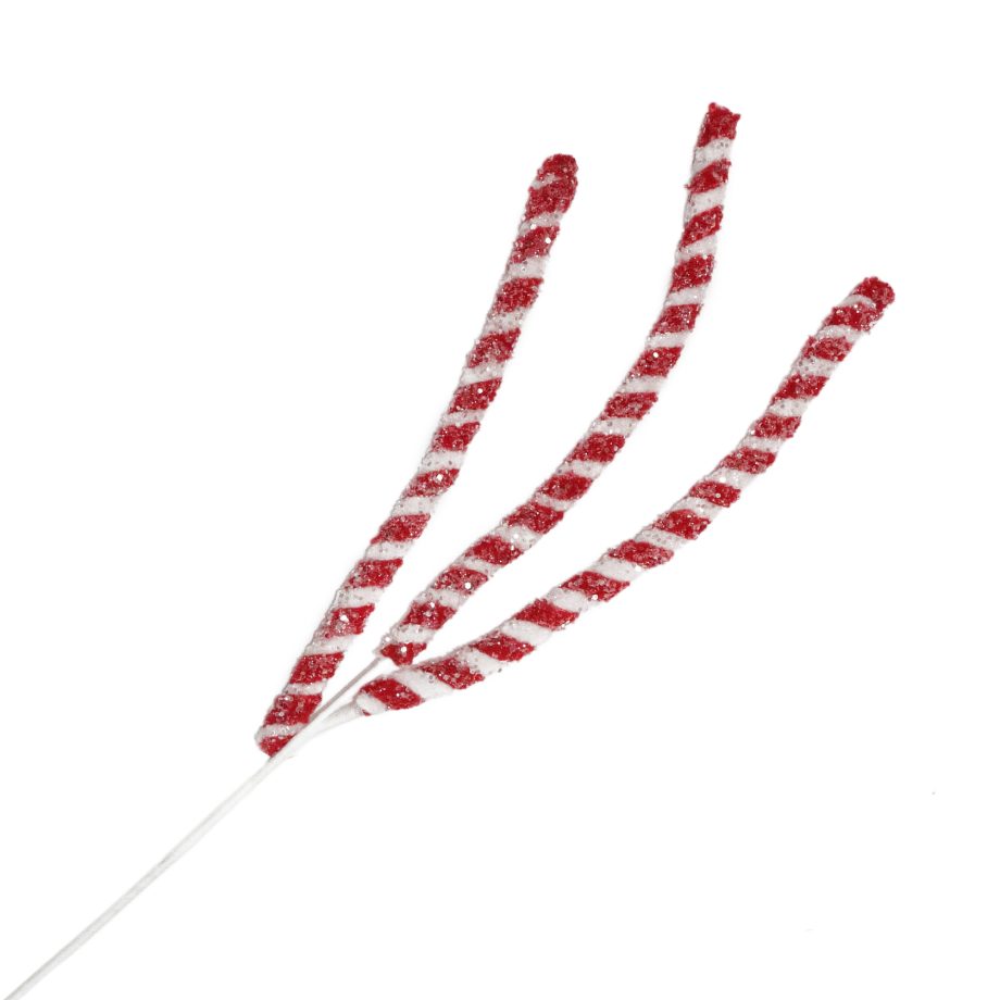 SPRAY STEM CANDY CANE RED/WHITE 35" STRIPES FROSTED BOUCLE FUR W/ GLITTER