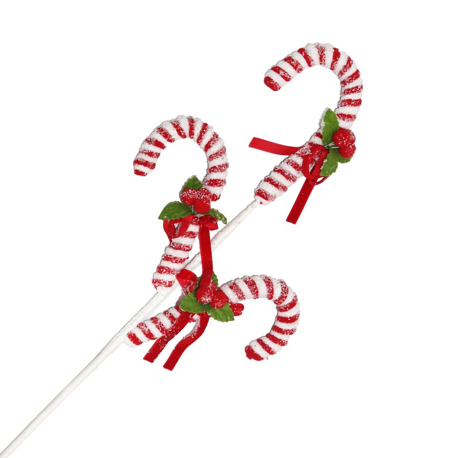 SPRAY CANDY CANE 3-PC RED/WHITE 26" FUR VELVET STRIPES W/ BOW & BELLS