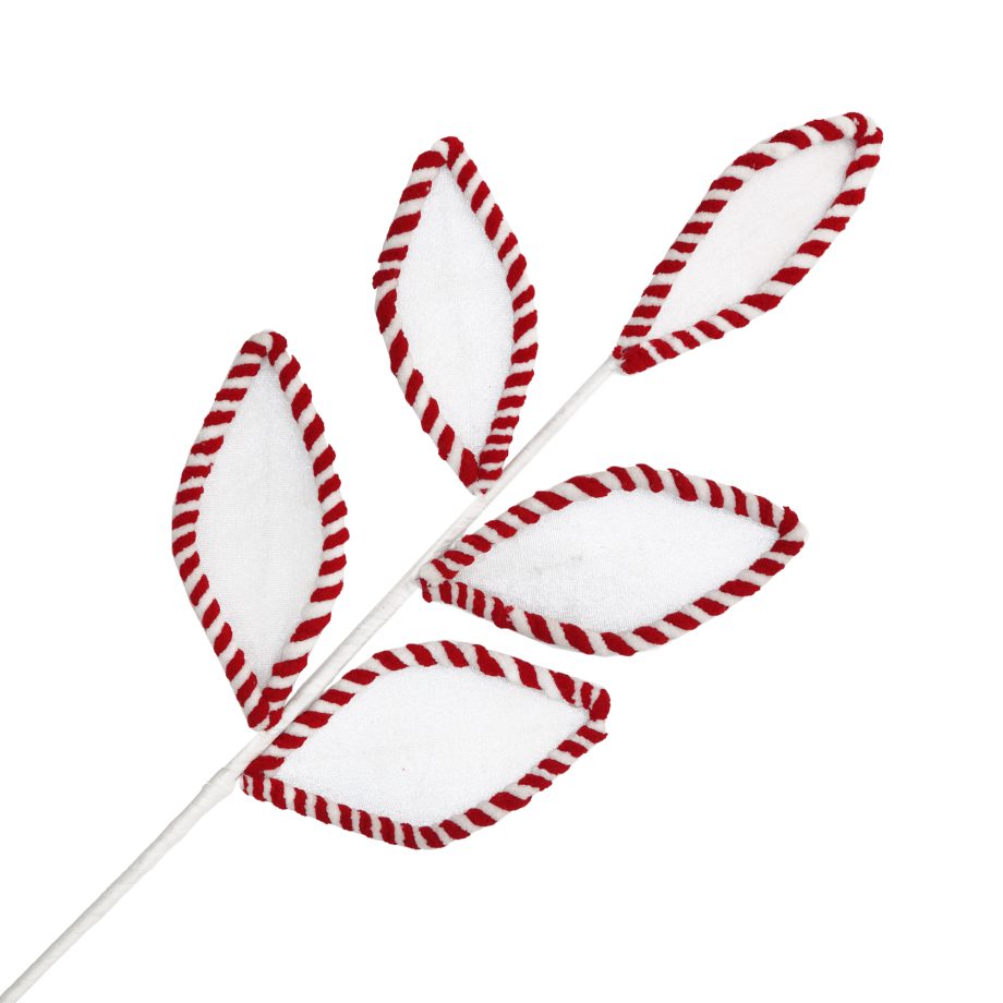 SPRAY LEAF CANDY CANE WHITE/RED 25" FUR VELVET STRIPES BORDER