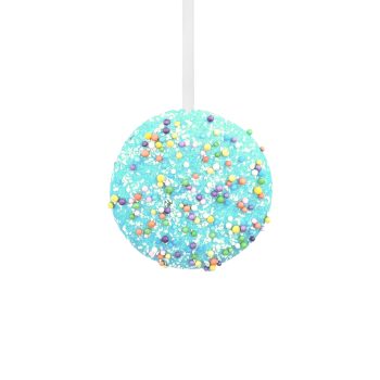ORN MACAROON 3.5" BLUE W/ CHOCOLATE FILLING & RAINBOW SPRINKLES