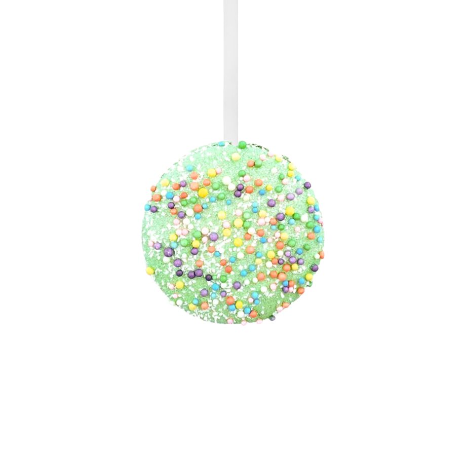 ORN MACAROON 3.5" GREEN W/ CHOCOLATE FILLING & RAINBOW SPRINKLES