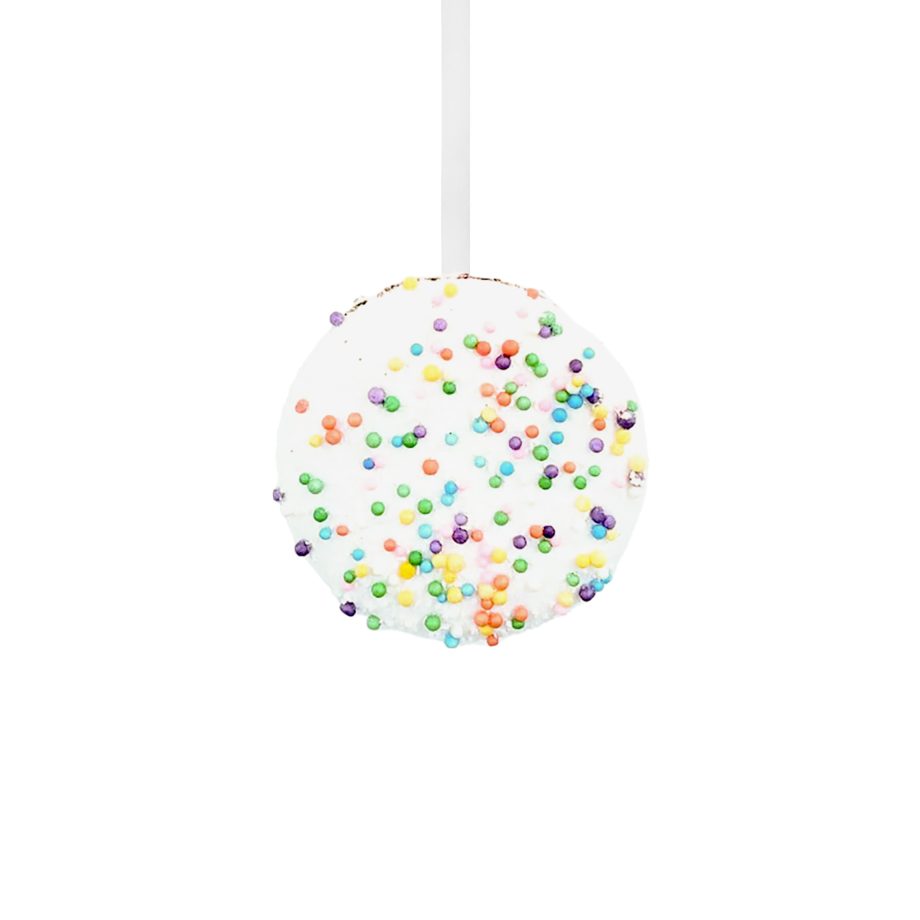ORN MACAROON 3.5" WHITE W/ CHOCOLATE FILLING & RAINBOW SPRINKLES