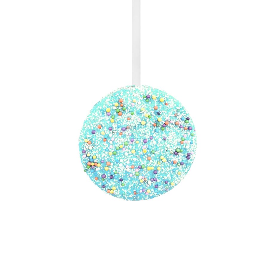 ORN MACAROON 4.5" BLUE W/ CHOCOLATE FILLING & RAINBOW SPRINKLES