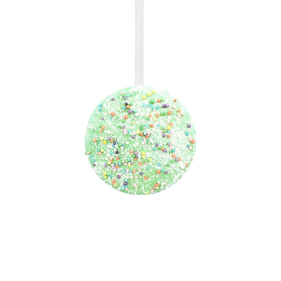 ORN MACAROON 4.5" GREEN W/ CHOCOLATE FILLING & RAINBOW SPRINKLES