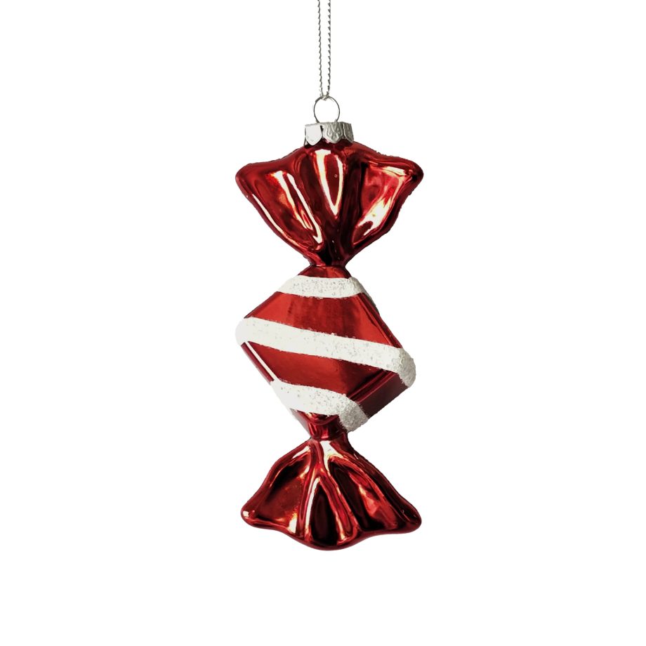 ORN CANDY SQUARE 4" RED/WHITE W/ FROSTING & GLITTER