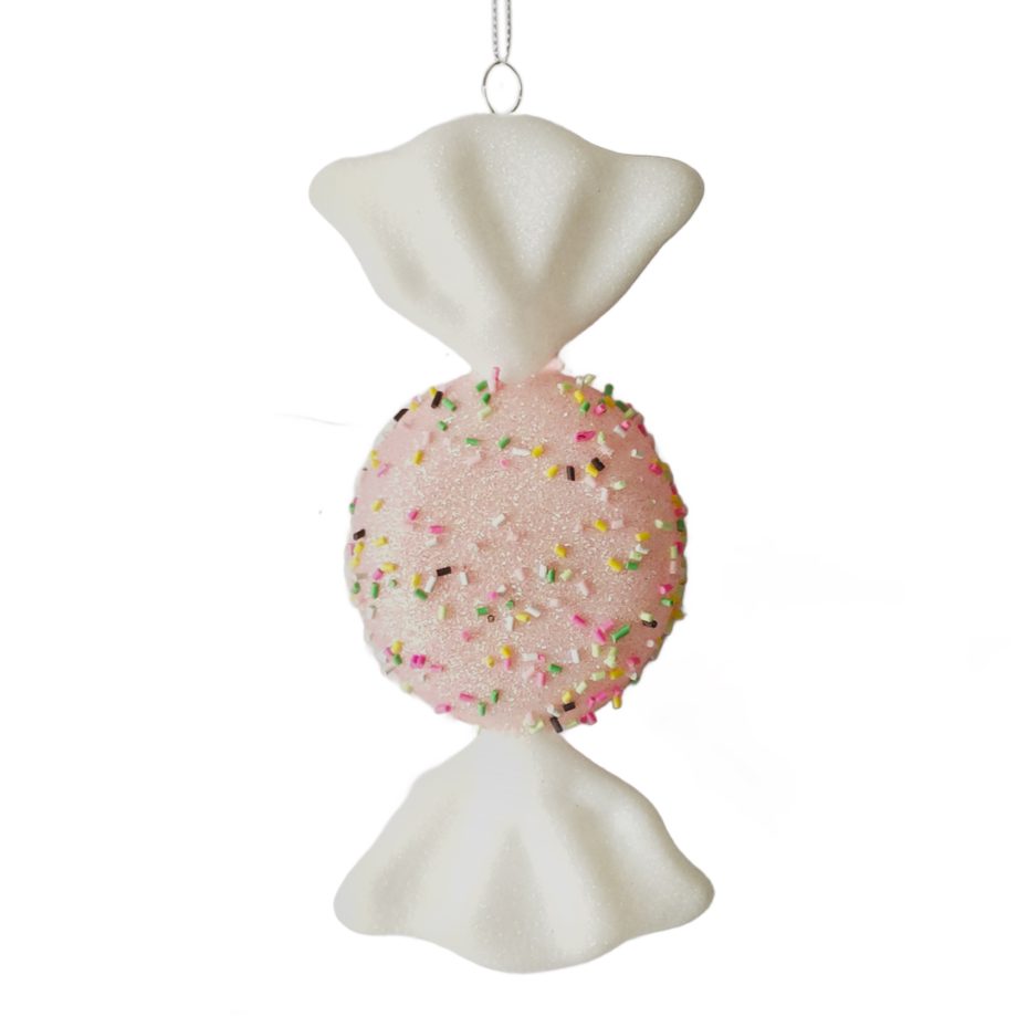 ORN CANDY ROUND BEADED 7" PINK W/ GLITTER & RAINBOW SPRINKLES