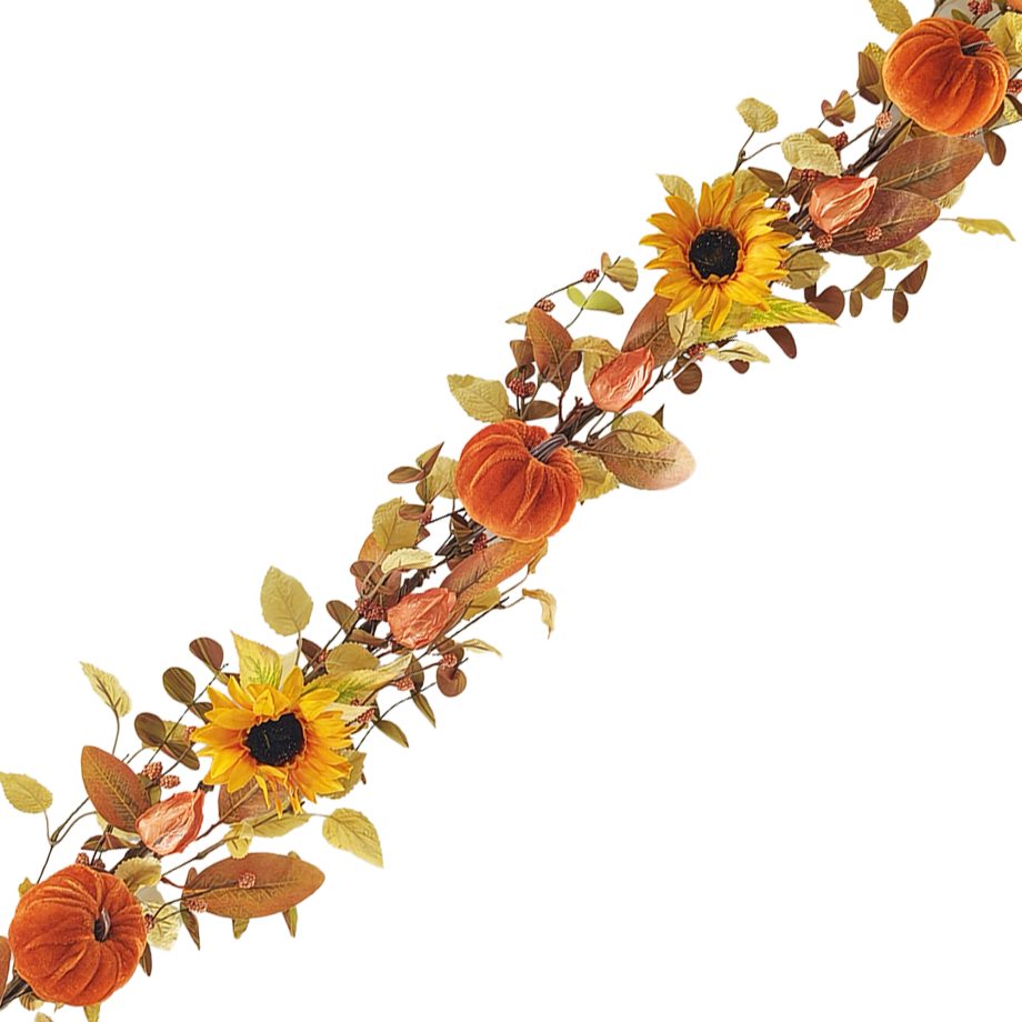 GARLAND FALL MIXED LEAVES, PUMPKIN & SUNFLOWER ORANGE 5' W/ BERRIES & FLOWER BUDS