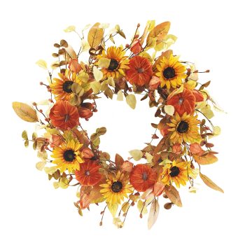 WREATH FALL MIXED LEAVES, PUMPKIN & SUNFLOWER ORANGE 24" W/ BERRIES & FLOWER BUDS