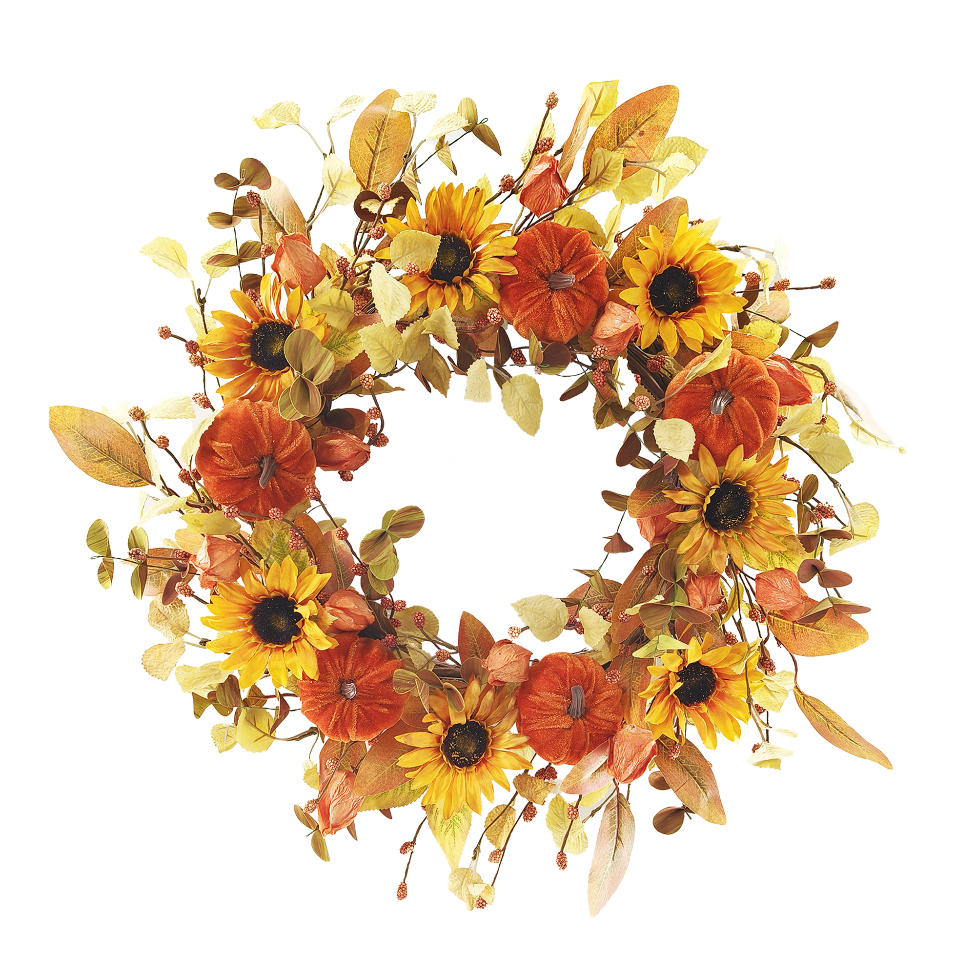 WREATH FALL MIXED LEAVES, PUMPKIN & SUNFLOWER ORANGE 24" W/ BERRIES & FLOWER BUDS