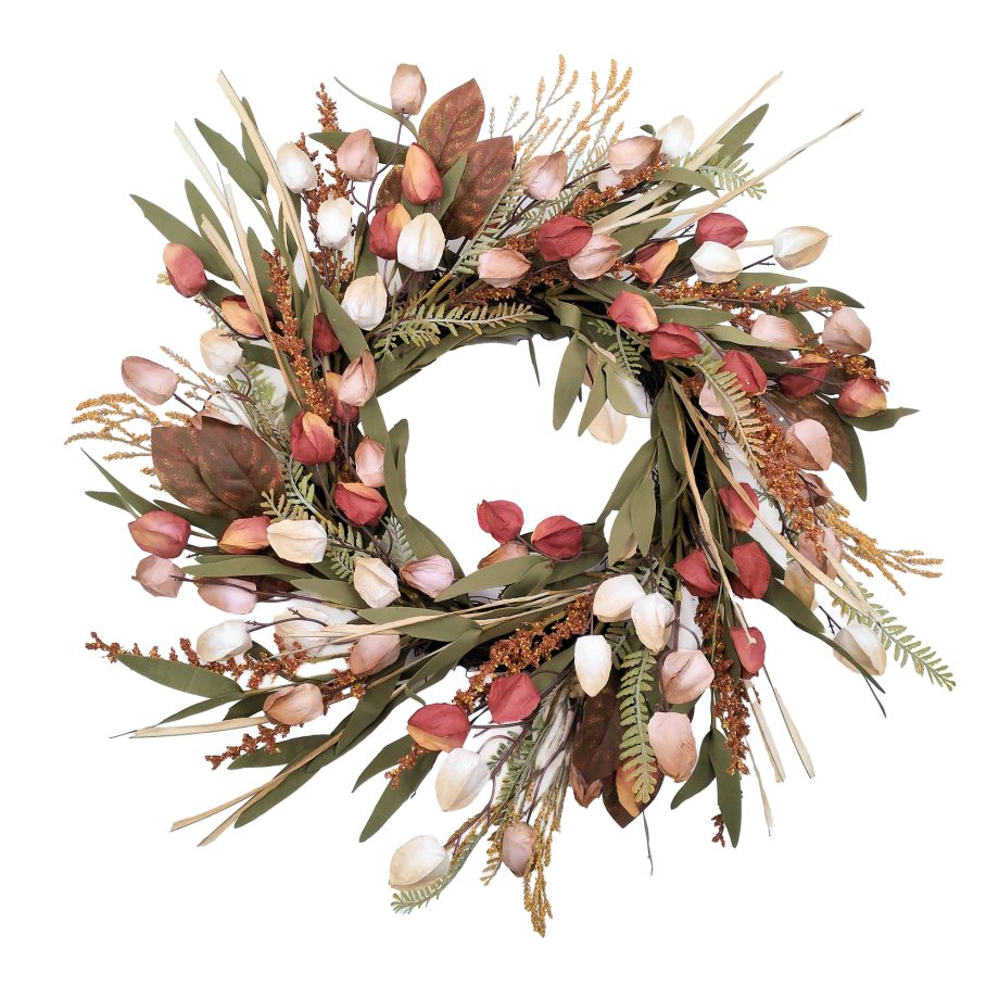 FALL WREATH MIXED AUTUMN LEAF W/ FLOWER BUD 22" MULTI