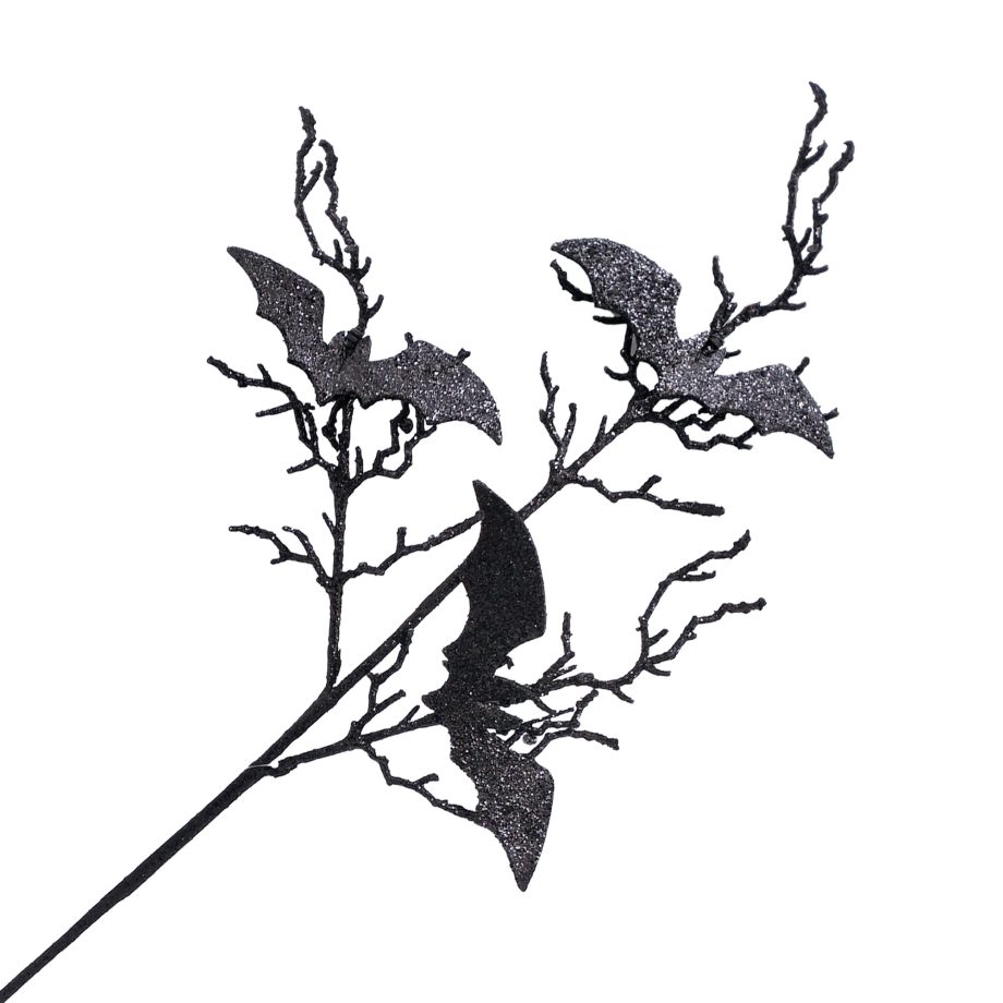 HALLOWEEN SPRAY TWIGS W/ BATS X 3 31" BLACK W/ GLITTER