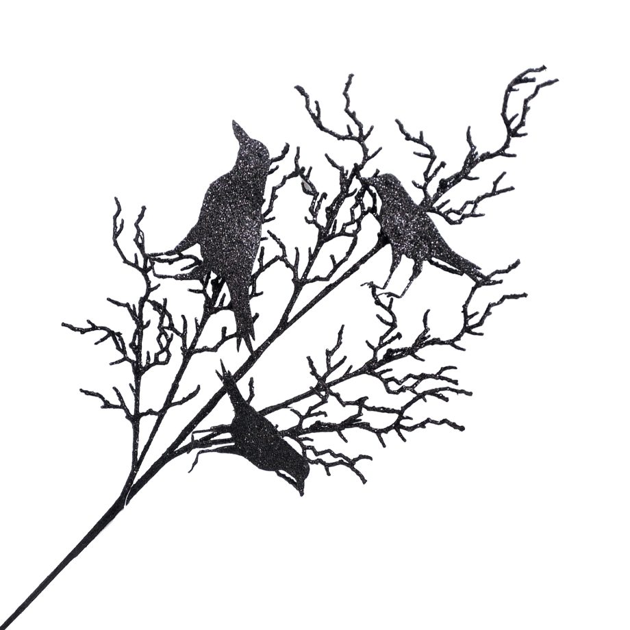 HALLOWEEN SPRAY TWIGS W/ CROW X 3 36" BLACK W/ GLITTER