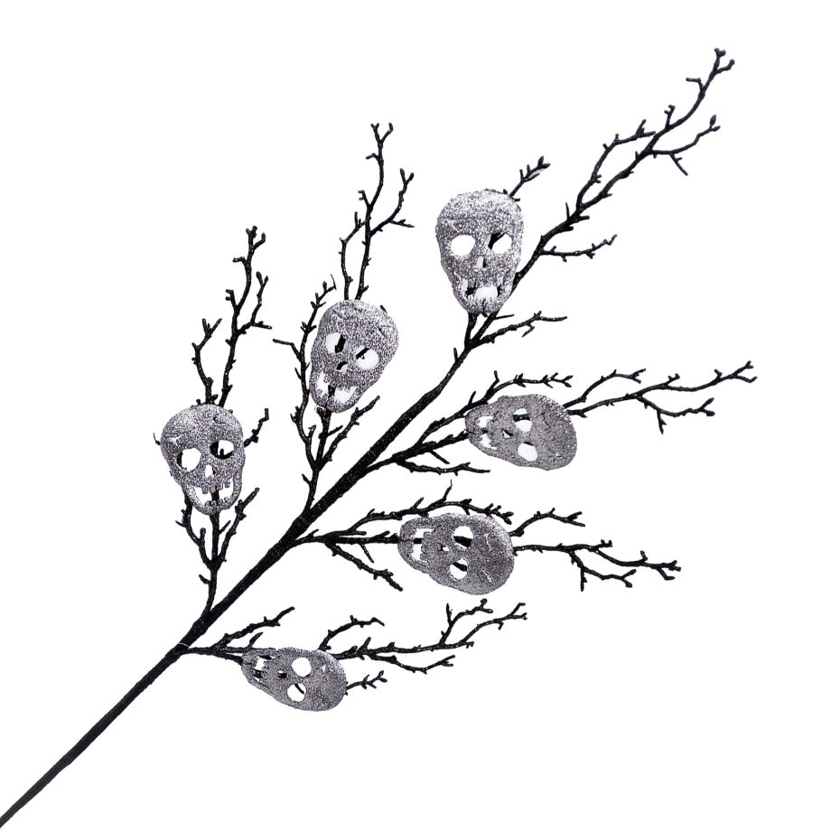 HALLOWEEN SPRAY TWIGS W/ SKULLS X 6 32" BLACK/GRAY W/ GLITTER
