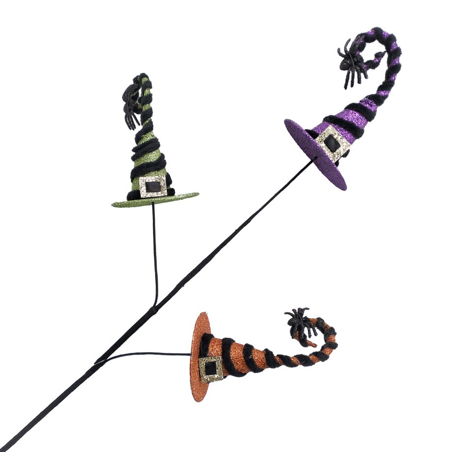HALLOWEEN SPRAY WITCH HAT X 3 29" PURPLE/ORANGE/GOLD W/ GLITTER