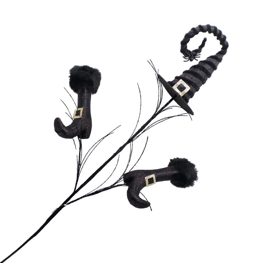 HALLOWEEN SPRAY WITCH HAT W/ BOOTS 41.5" BLACK W/ GLITTER
