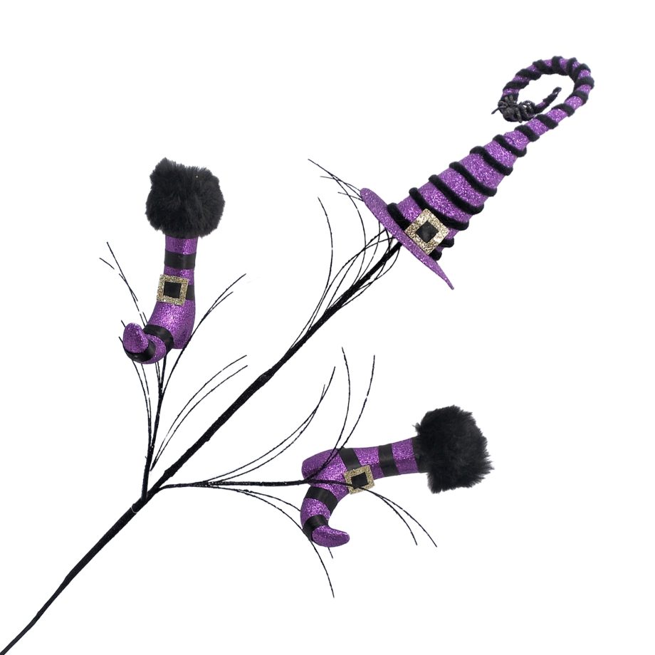 HALLOWEEN SPRAY WITCH HAT W/ BOOTS 41.5" BLACK/PURPLE