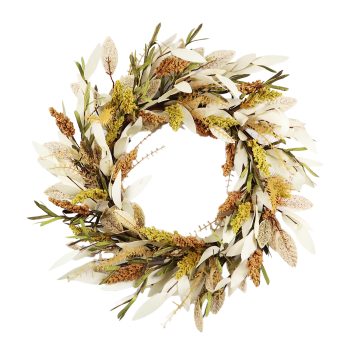 FALL WREATH MIXED AUTUMN LEAF/GRASS 24" BEIGE/MULTI W/ SORGHUM