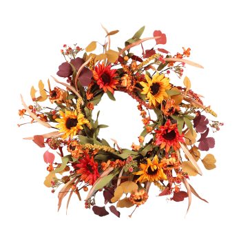 FALL WREATH MIXED FLOWERS, LEAVES & GRASS 24" ORANGE/MULTI