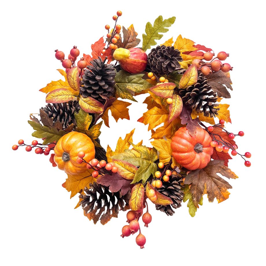 FALL WREATH PUMPKIN/MAPLE LEAVES 22" ORANGE W/ PINE CONE