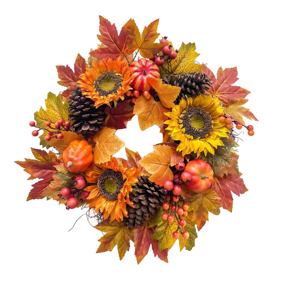 FALL WREATH SUNFLOWER/PUMPKIN 22" ORANGE/YELLOW W/ MAPLE LEAF, BERRIES & PINE CONE