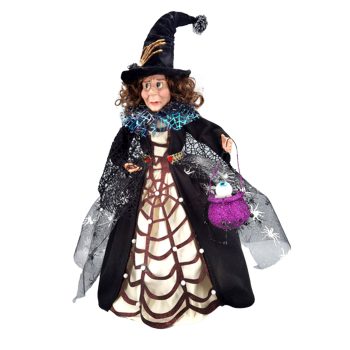 HALLOWEEN WITCH STANDING 18" IVORY/BLACK W/ WEB GOWN HOLDING A POT