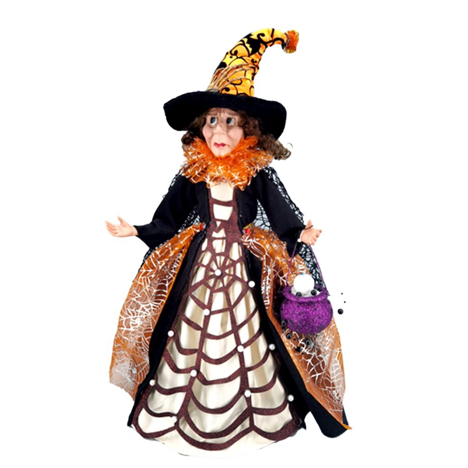 HALLOWEEN WITCH STANDING 18" ORANGE/BLACK WEB GOWN HOLDING A POT