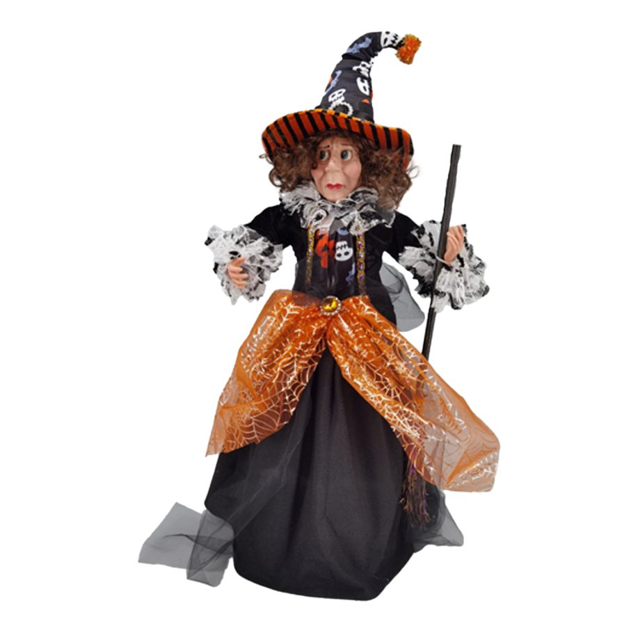 HALLOWEEN WITCH STANDING18" ORANGE/BLACK HOLDING A BROOMSTICK