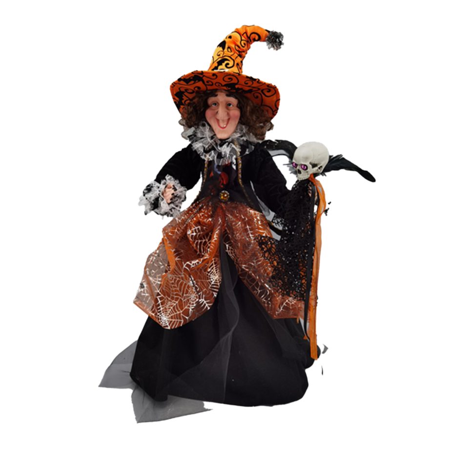 HALLOWEEN WITCH STANDING 24" ORANGE/BLACK HOLDING A SKULL