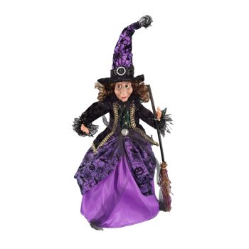 HALLOWEEN WITCH STANDING 18" PURPLE/BLACK HOLDING A BROOMSTICK