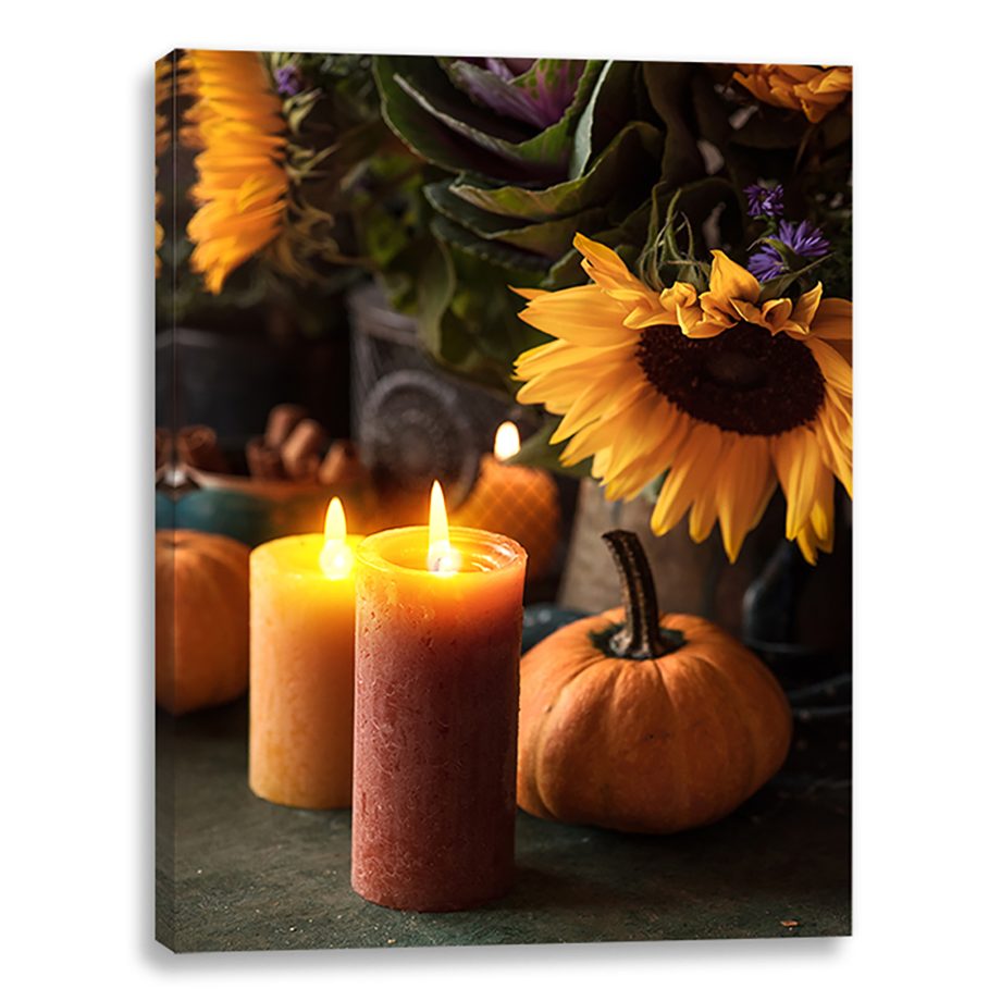 FALL CANVAS 12"X16" LIGHT UP CANDLES, PUMPKIN & SUNFLOWER 2PC LED+BLOW FUNCTION