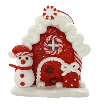 ORN GINGERBREAD HOUSE 2.5"X3"X2.8" W/ SNOWMAN, CLAY DOUGH W/ GLITTER
