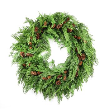 WREATH MIXED EVERGREEN/CEDAR REAL-TOUCH 36" GREEN/NATURAL W/ PINE CONES