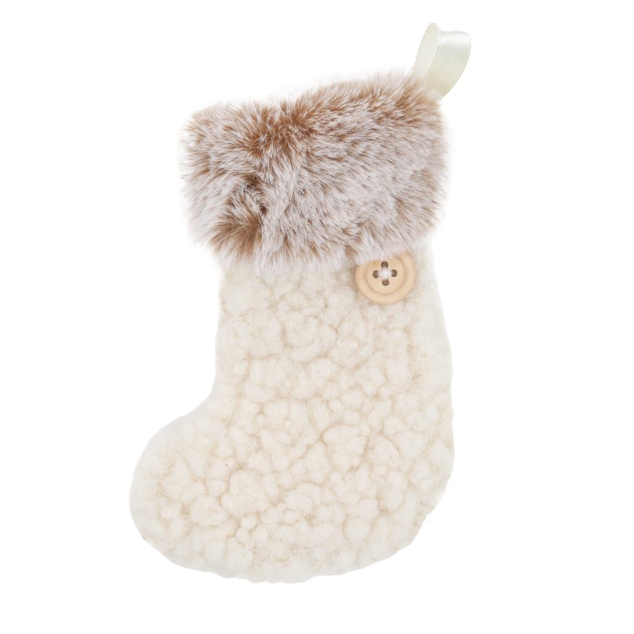 ORN WOOL STOCKING MINI 4" CREAM W/FAUX FUR TRIM & BUTTON