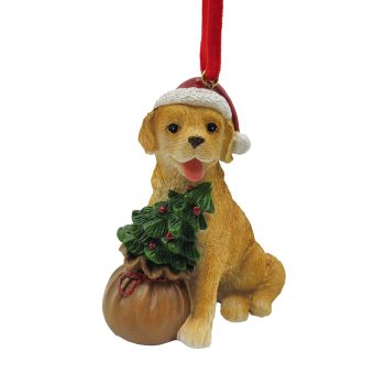 ORN DOG RESIN RED/MULTI 2.5" W/ GIFT BAG & SANTA HAT